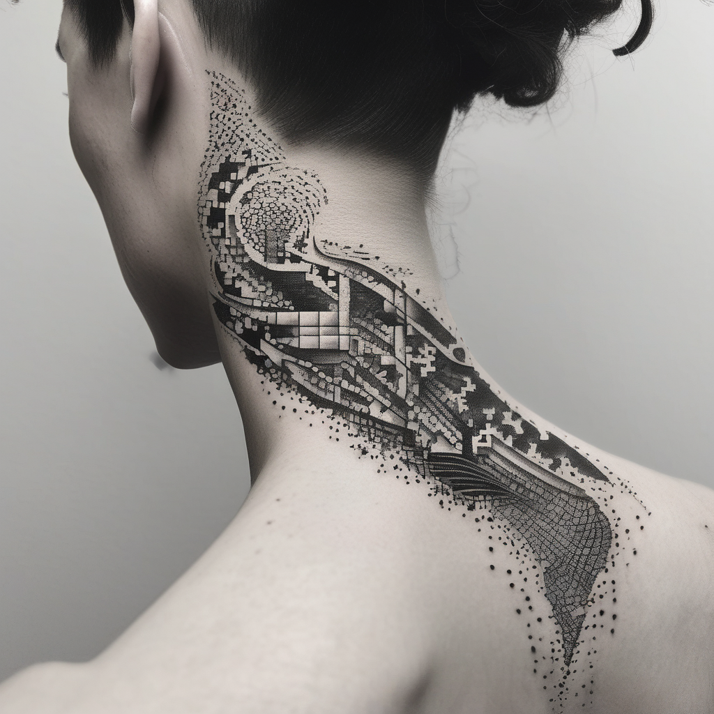 side of the neck puzzle piece tattoo where one of the pieces says Rella glitter tattoo, diseño de tatuaje Dotwork generado con IA